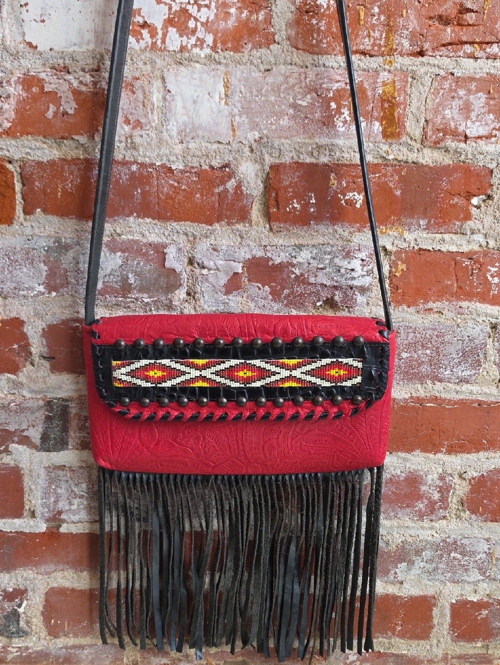 Red Fringe Crossbody Bag with Beaded Trim